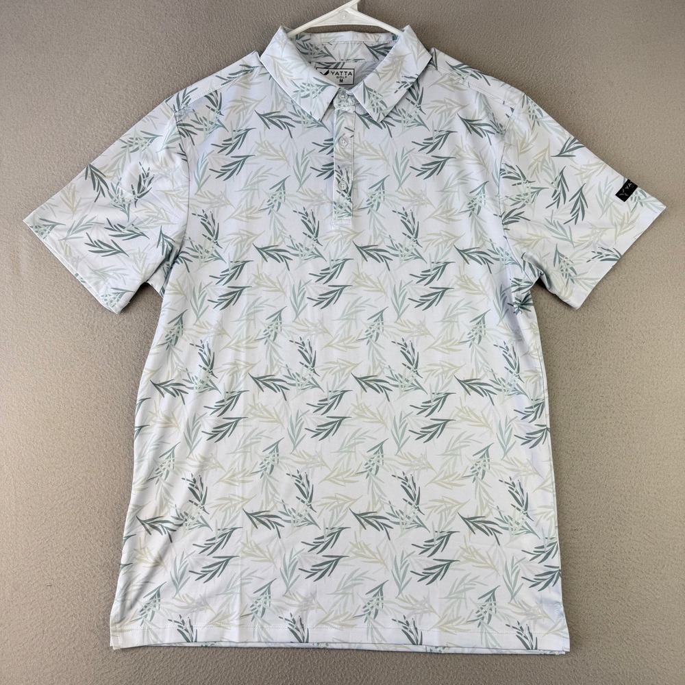 Yatta Golf Polo Shirt Mens Medium White Leaf Print Stretch Performance Tech‎